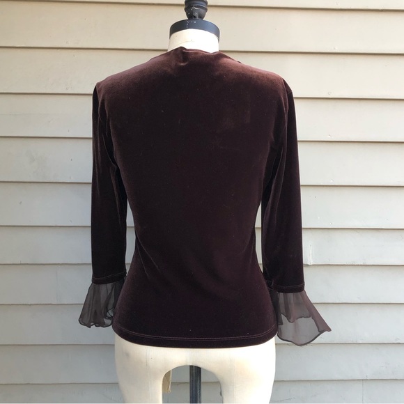 Vintage Cachet Y2K Whimsigoth Ethereal Dark Brown Velvet Silk Ruffle Zip Up Top - Picture 12 of 17